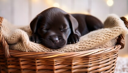 a newborn black lab puppy rests soundly in a woven basket nestled on soft blankets creating a serene and heartwarming atmosphere