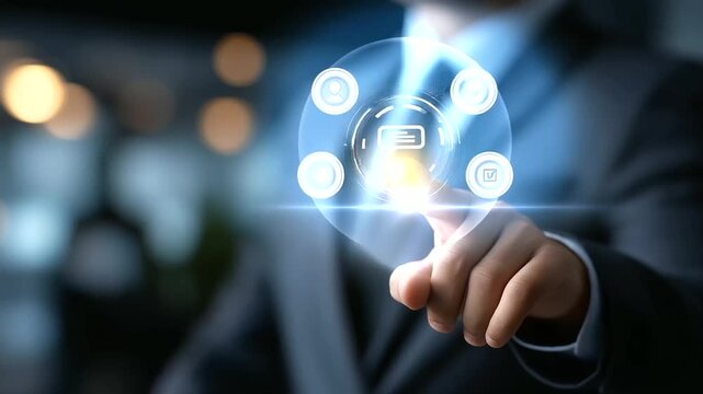 Business hand on AI chatbot with speech interface generative AI visualization virtual assistant dashboard automated conversation platform smart communication system text inter