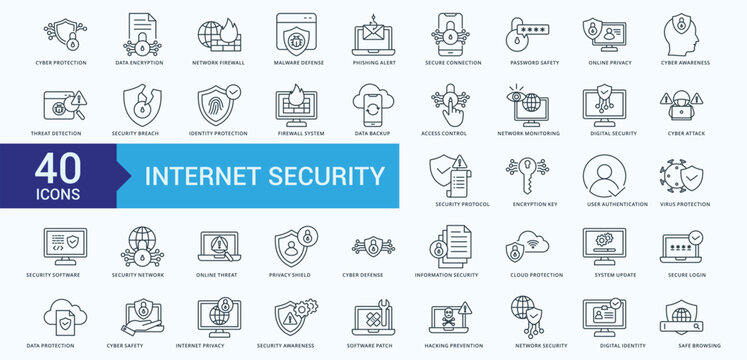 Internet Security Icon Pack Illustration Vector with cyber protection, data encryption, network firewall, malware defense, phishing alert, secure connection, password safety, online privacy