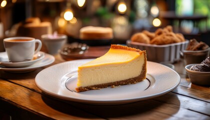 a slice of classic cheesecake sits on a white plate at a rustic cafe table surrounded by warm inviting ambiance and delicious treats