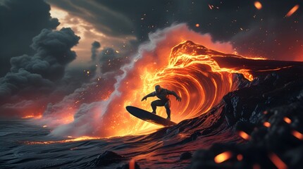 Surfer riding giant fiery wave amidst volcanic eruption chaos