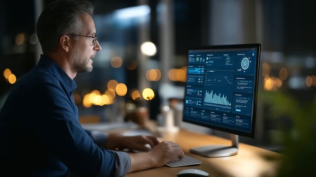 Professional using CRM interface with customer data visualization targeting and analytics icons relationship management dashboard data segmentation platform personalized market
