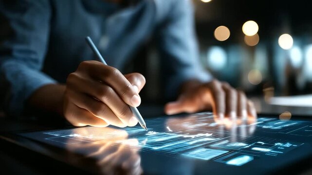 Professional reviewing digital documents with stylus on virtual interface paperless workflow visualization secure validation system document approval dashboard modern