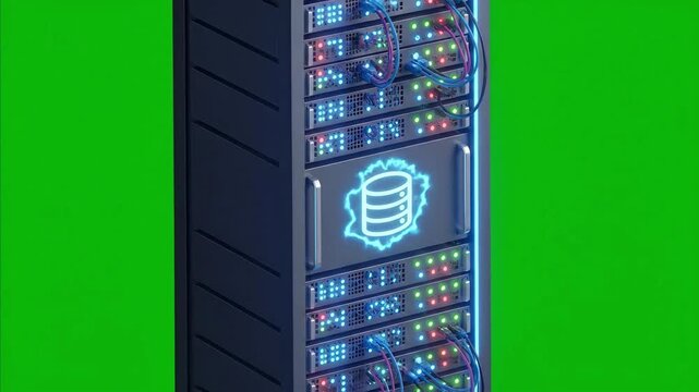 Isometric Server Rack with Glowing Database Icon and Network Cables on Green Screen Background