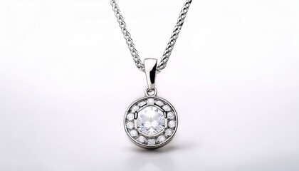 elegant silver chain necklace with solitaire round cut diamond pendant on white background