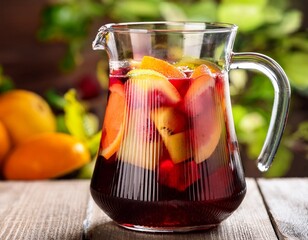 fresh fruit beverage sangria in in a transparent mug