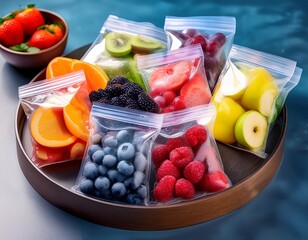 colorful ziplock bags containing various frozen fruits are neatly organized ready for smoothies or healthy snacks at any time