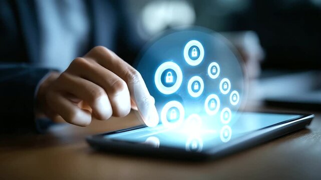 Professional hand interacting with virtual document scanner interface on tablet device holographic security icons floating above keyboard digital data protection symbols modern