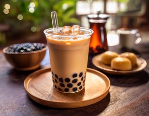 enjoying a delightful cup of boba tea with brown sugar and black tapioca pearls accompanied by sweet desserts creates a cozy atmosphere