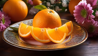 fresh oranges are being sliced on a decorative plate surrounded by bright flowers creating a cheerful and inviting atmosphere