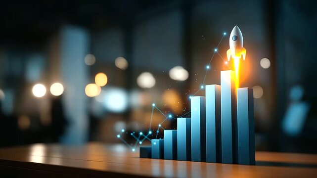 Startup growth visualization with ascending bar chart and rocket symbol business expansion metrics investment performance indicators financial success analytics market growth
