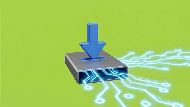 3D Blue Download Arrow Inserting into Metallic Drive with Glowing Circuit Lines on Green Screen
