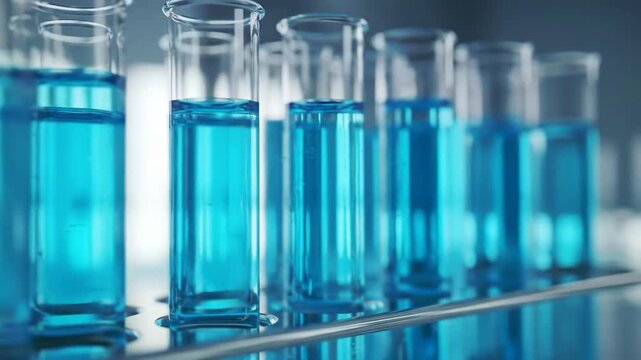 Close-up of test tubes filled with vibrant blue liquid in a laboratory setting.