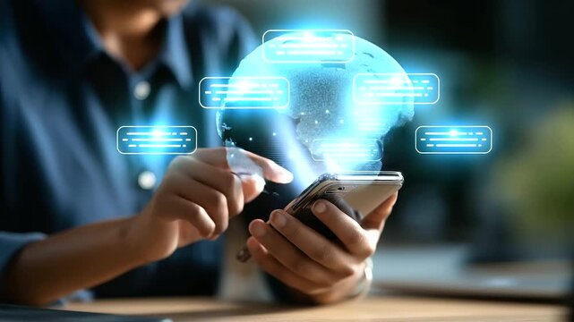 Professional using mobile with AI chatbot interface prompt input visualization virtual assistant dashboard conversational AI technology customer support automation intelligent