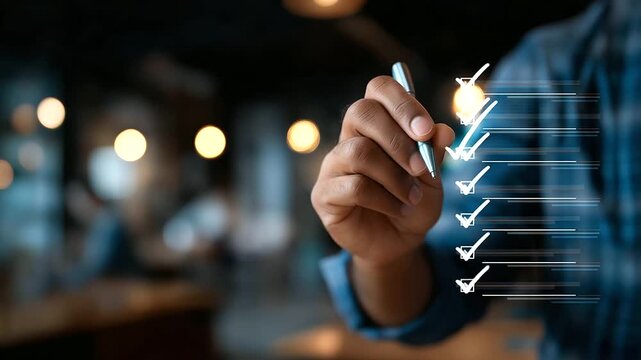 Business hand checking digital checklist on virtual screen task management visualization project planning interface productivity dashboard technology workflow system