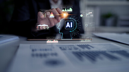 AI powered business intelligence for advanced data analysis. A concept of a smart system using AI to interpret and visualize company metrics. Motif
