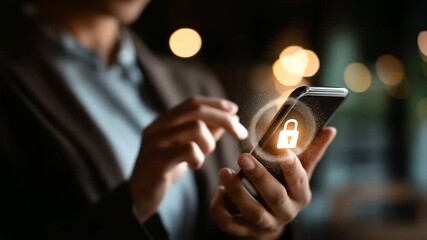 Business hand holding smartphone with security padlock hologram password protection visualization encrypted communication system mobile data security online privacy technology - Powered by Adobe