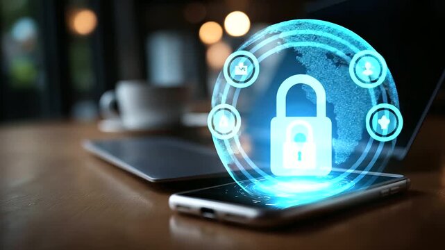 Secure authentication process on smartphone and laptop devices glowing padlock hologram online privacy protection multi factor verification system data encryption technology