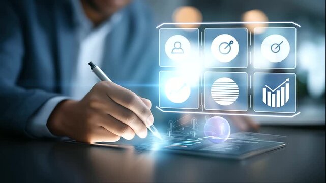 Professional using stylus on virtual HR interface human resource management visualization employee analytics dashboard digital recruitment platform workforce optimization