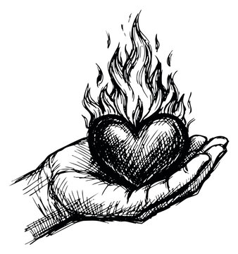 Hand drawn illustration of a human hand holding a heart burning with fire depicting passionate love for symbolic themes