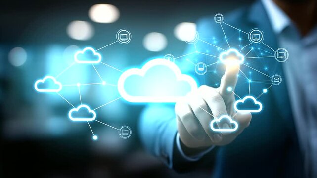 Professional using cloud computing for secure data management virtual interface visualization file sharing platform cloud storage dashboard cybersecurity integration digital