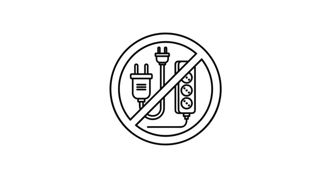 Danger sign prohibiting the use of overloaded power strips and multiple electrical plugs to prevent fire hazards and electrical failures.