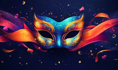 Ornate blue and gold masquerade mask floating with colorful ribbons and sparkling confetti against a dark party background