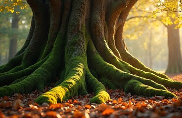 Massive tree trunk with thick moss covered roots spreads out on forest floor. Fallen autumn leaves create a warm carpet around ancient wood. Sunlight filters through canopy.