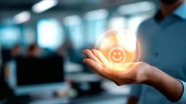Business hand holding glowing smiley face icon positive mindset visualization mental wellness concept emotional balance symbol workplace happiness indicator self care