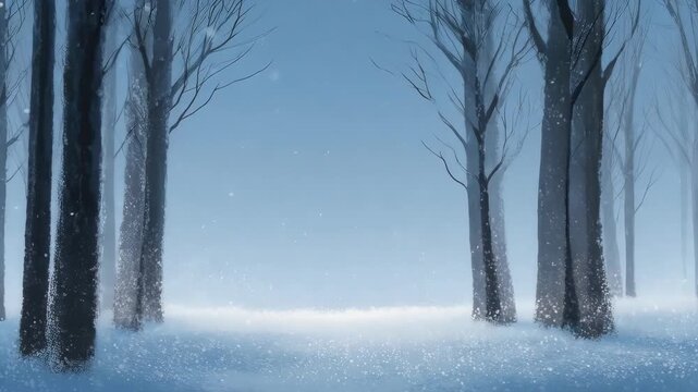 A serene winter scene depicts bare trees in a snowy landscape