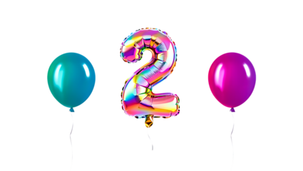 Colorful number two foil balloon with shiny teal and purple balloons for birthday celebration