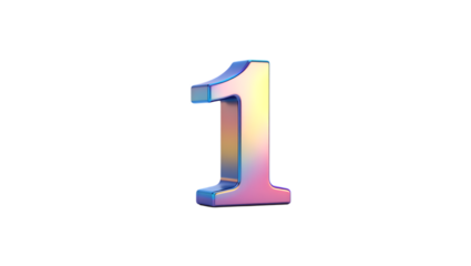 Three dimensional glossy golden number one symbol with gradient shading isolated on transparent background