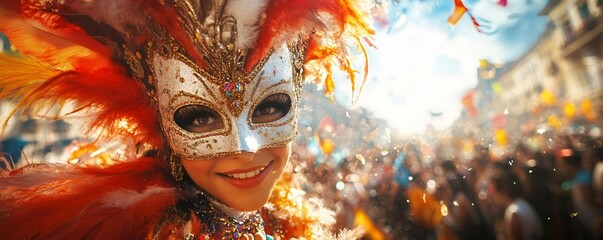Woman wearing elaborate feathered mask and costume, smiling during a lively street carnival celebration with confetti and crowds