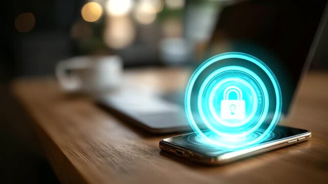 Secure authentication process on smartphone and laptop devices glowing padlock hologram online privacy protection multi factor verification system data encryption technology