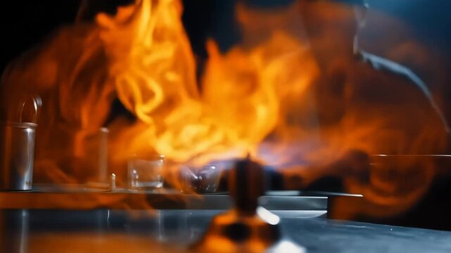 A person in a shadowy setting with fire blazing, near glasses and metal tools