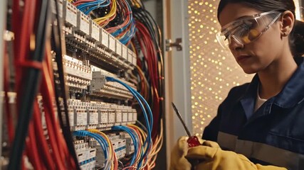 Female electrician inspecting electrical wiring setup in a control room with - Powered by Adobe