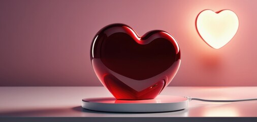 red glossy heart charging on white pad with glowing heart banner space concept of love, tech, romance