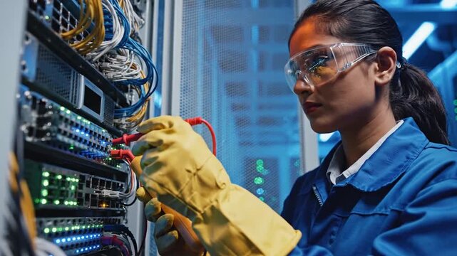 Female technician working on a server rack with multicolored cables in data
