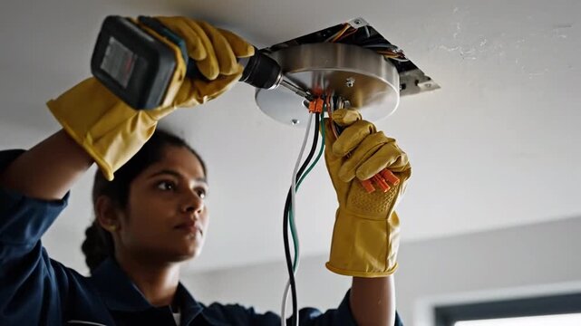 Female electrician installing ceiling light fixture with tools and safety gloves