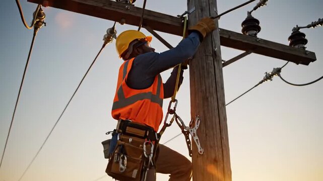 Electrician Working on Power Line During Sunset Installing and Repairing