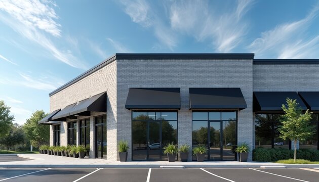 Modern retail and office building facade with large windows and black awnings. Exterior commercial property with parking lot and green trees. Empty storefront ready for business lease or sale.