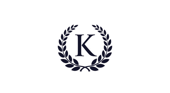 Classical heraldic laurel wreath with the letter k in the center for branding or monogrammed logo on white.