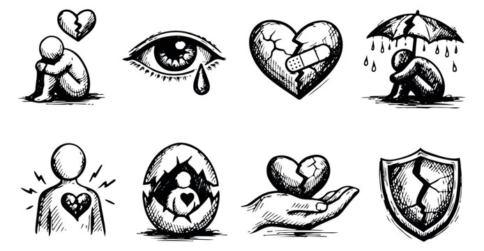 Hand drawn line art emotional icon set featuring broken hearts, crying eyes, and lonely figures for themes of heartbreak and grief