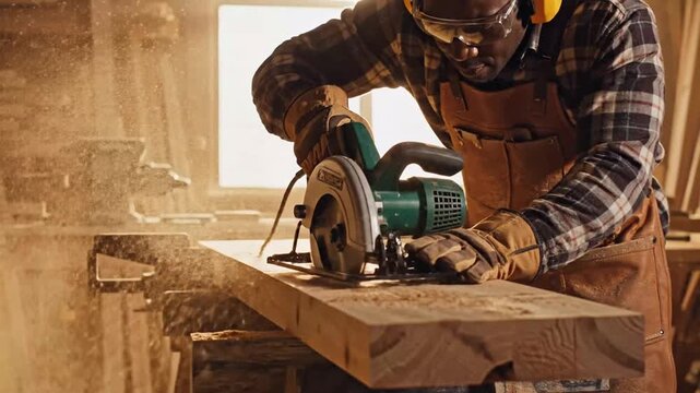 craftsman cutting wood on modern workshop with power tools and sawdust activity