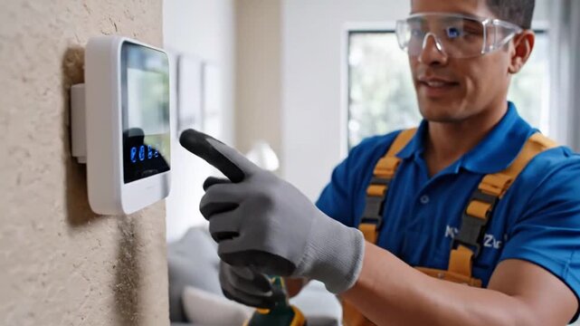 Professional Electrician Installing and Configuring Smart Home Security System