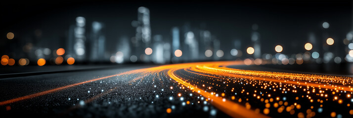 Abstract panorama of a night highway with bright orange trails and digital particles. Concept of high-speed internet, data transmission and smart city energy.