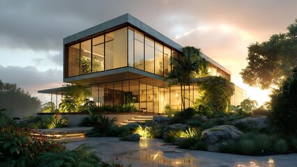 Obraz premium A modern house with large windows and a garden is illuminated at sunset in a serene landscape.