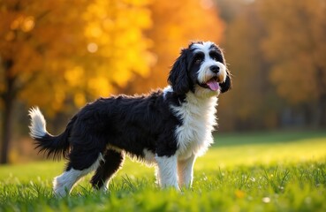 Black and white Portuguese Water Dog stands alert on grassy field. Autumn trees with yellow leaves form soft background. Dog looks to side, tongue out, panting happily. Sunny day park setting.