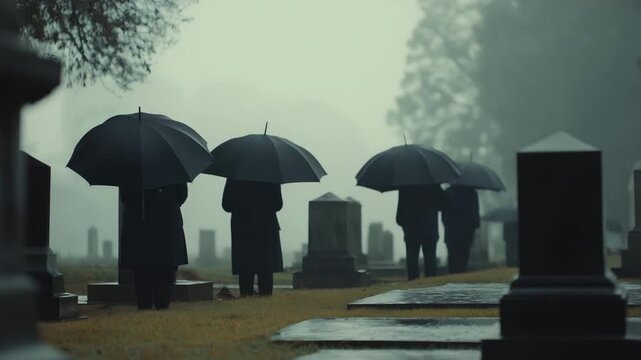 Mourners with black umbrellas attending a funeral in a rainy cemetery. Group of people standing by graves in heavy fog. Grief and loss concept