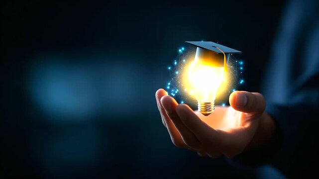 Business hand holding AI light bulb with graduation cap artificial intelligence education interface smart learning visualization online course platform digital transformation